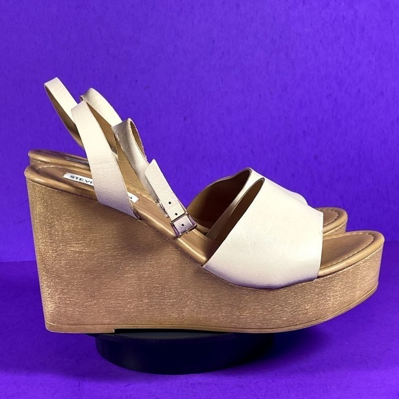 Steve Madden Women's Cream Leather Welsh Wedge Sandals Shoe Size 11 - Picture 1 of 9
